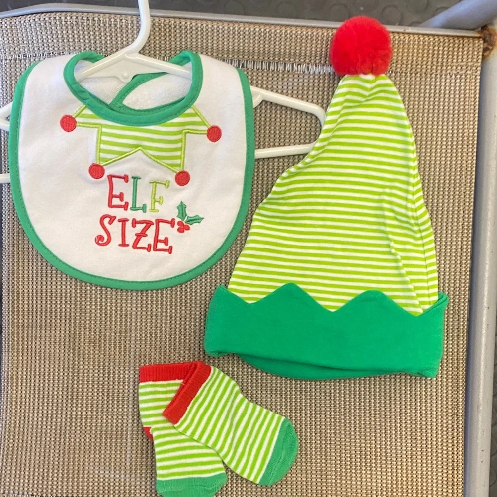 Baby Elf Hat, Bib and Socks Set - Green & Red Holiday Outfit